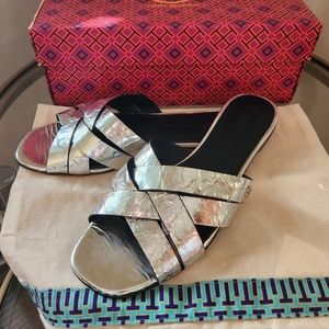 Tory Burch City Metallic Silver Leather Slide Sandal Women’s Size 9